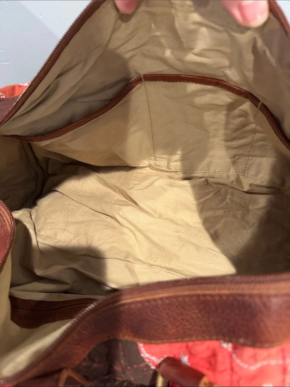 Boho Quilted Red & Orange Shoulder Satchel with Brown Leather Trim